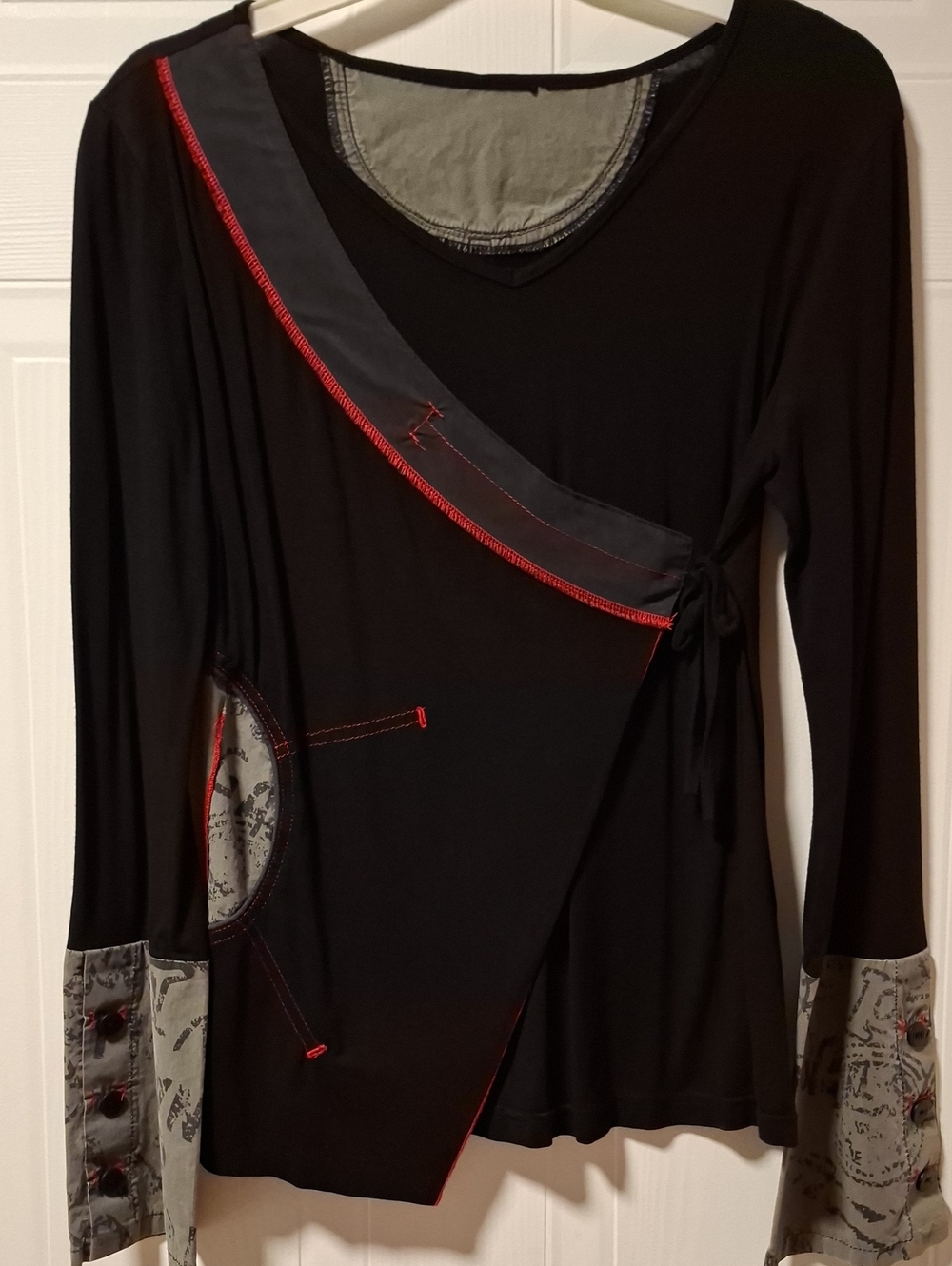 Women’s Black Long-Sleeve Wrap Top with Gray Accents